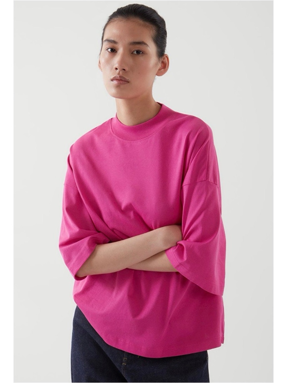 COS Short Sleeve Mock Neck Boxy Berry Oversized Tee in Hot Pink